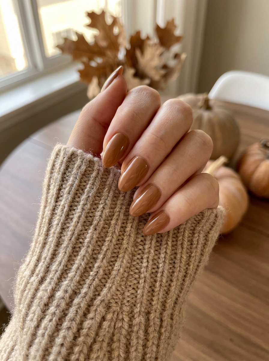 Caramel Fall Nails mit warmem karamellfarbenem Finish
